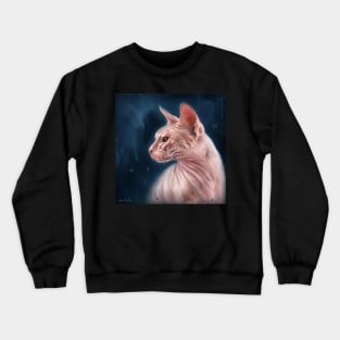 Contemporary Painting of a Hairless Pink Sphynx Cat on Dark Blue Background Crewneck Sweatshirt